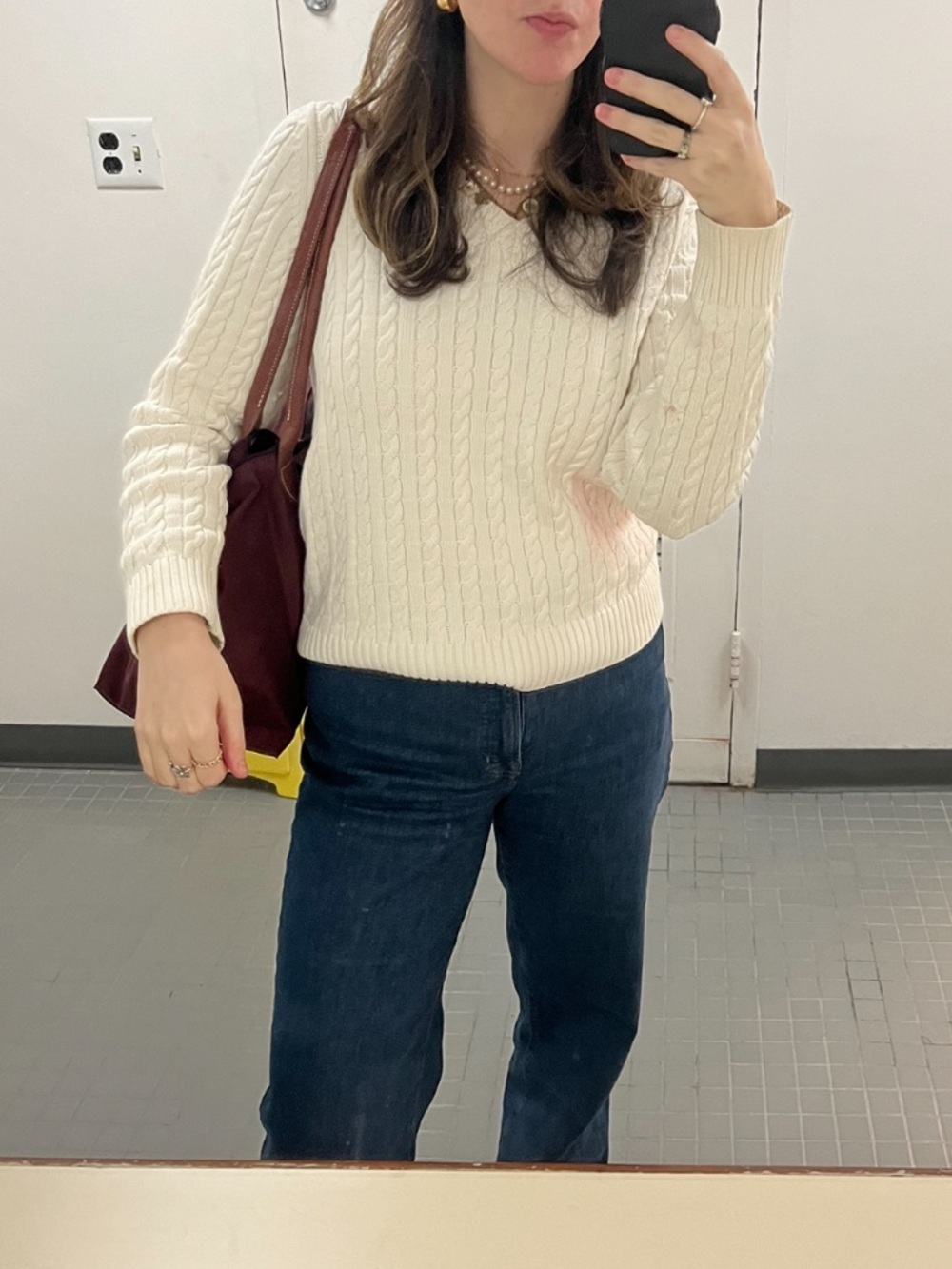 White Cable Knit V‑Neck Sweater